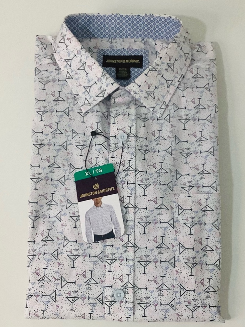 Johnston & Murphy White Button-Down Shirt with Navy Wine Glasses Print